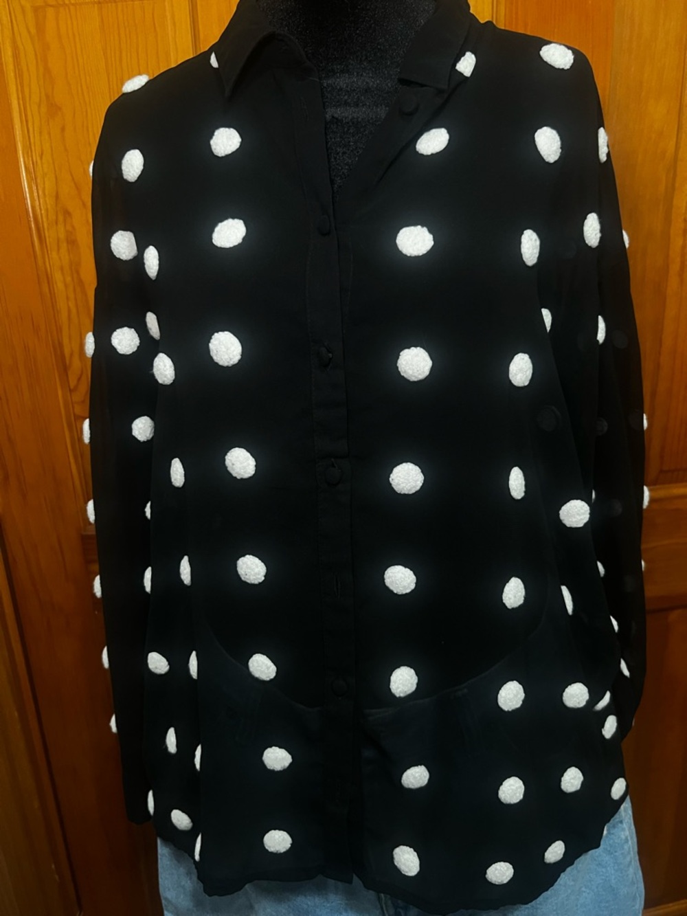 Zara Black Button-Down Polka Dot Shirt